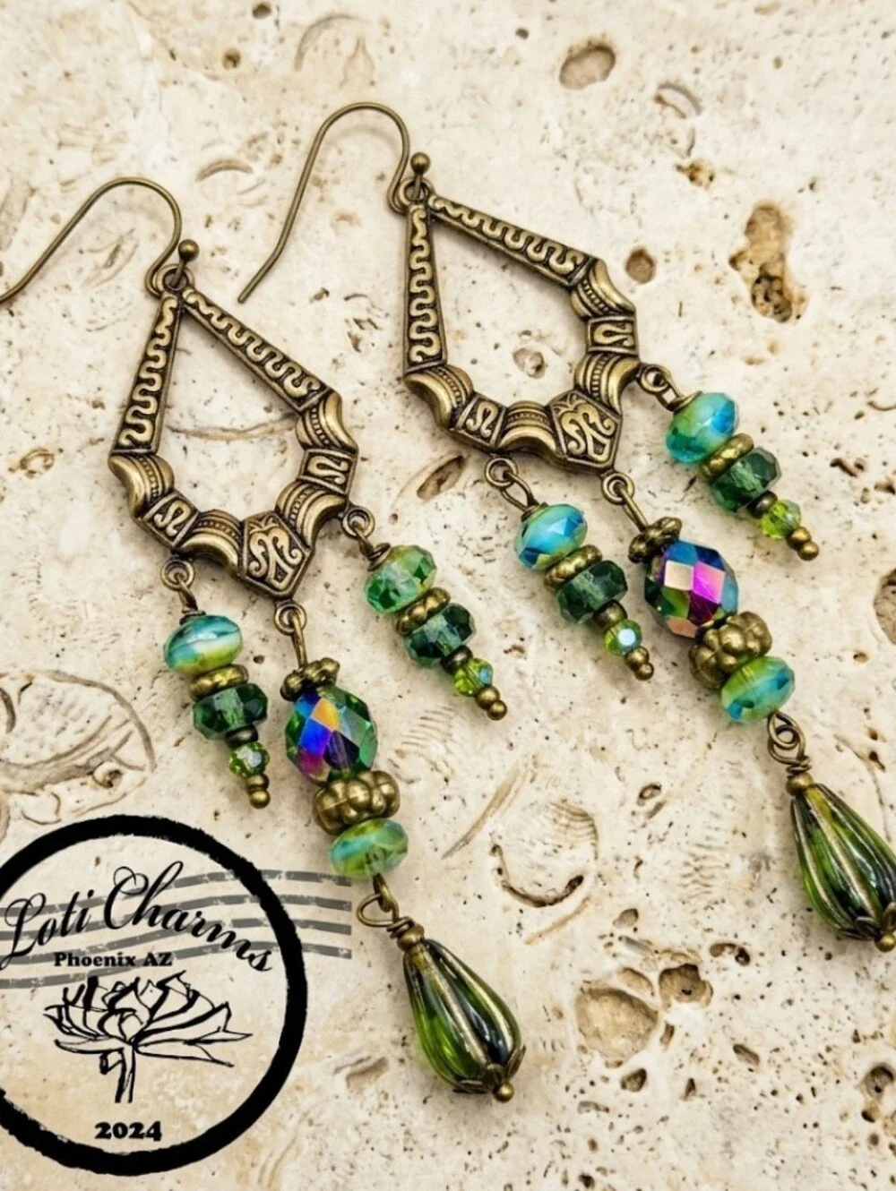 FIESTA Green Glass & Crystal In Artisan Antique Bronze Victorian Style Earrings